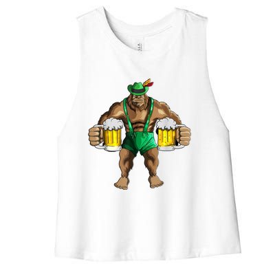 Beer Drinker Bigfoot In Leather Pants Beer Glasses Women's Racerback Cropped Tank