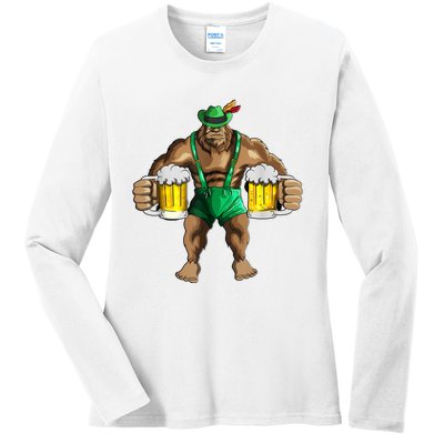 Beer Drinker Bigfoot In Leather Pants Beer Glasses Ladies Long Sleeve Shirt