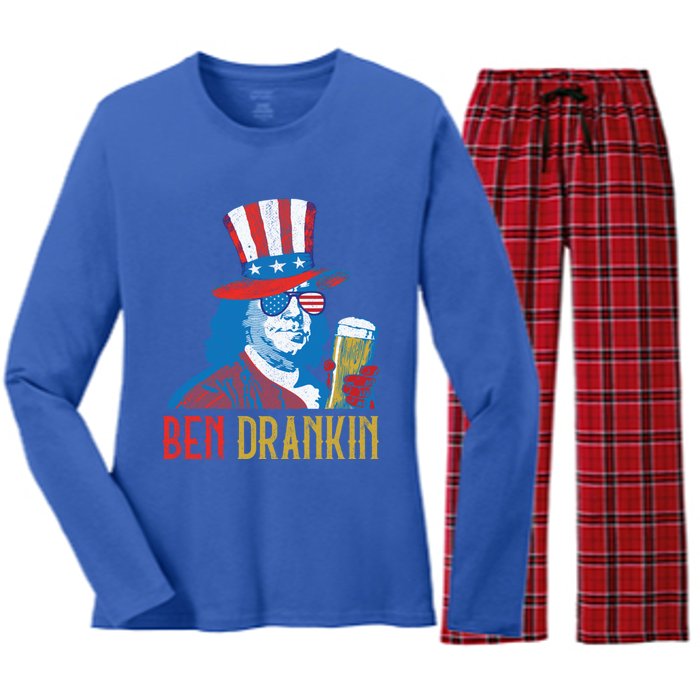 Ben Drankin Beer Benjamin Franklin 4th Of July Usa Flag Gift Women's Long Sleeve Flannel Pajama Set 