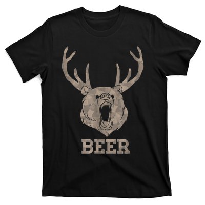 Bear Deer Beer Drinking Camo Antlers Hunting Camping T-Shirt