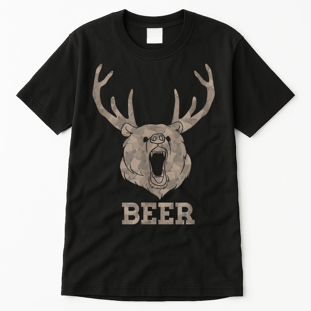 Bear Deer Beer Drinking Camo Antlers Hunting Camping Tall T-Shirt