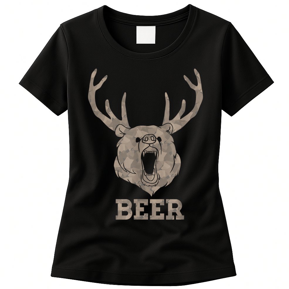 Bear Deer Beer Drinking Camo Antlers Hunting Camping Womens T-Shirt
