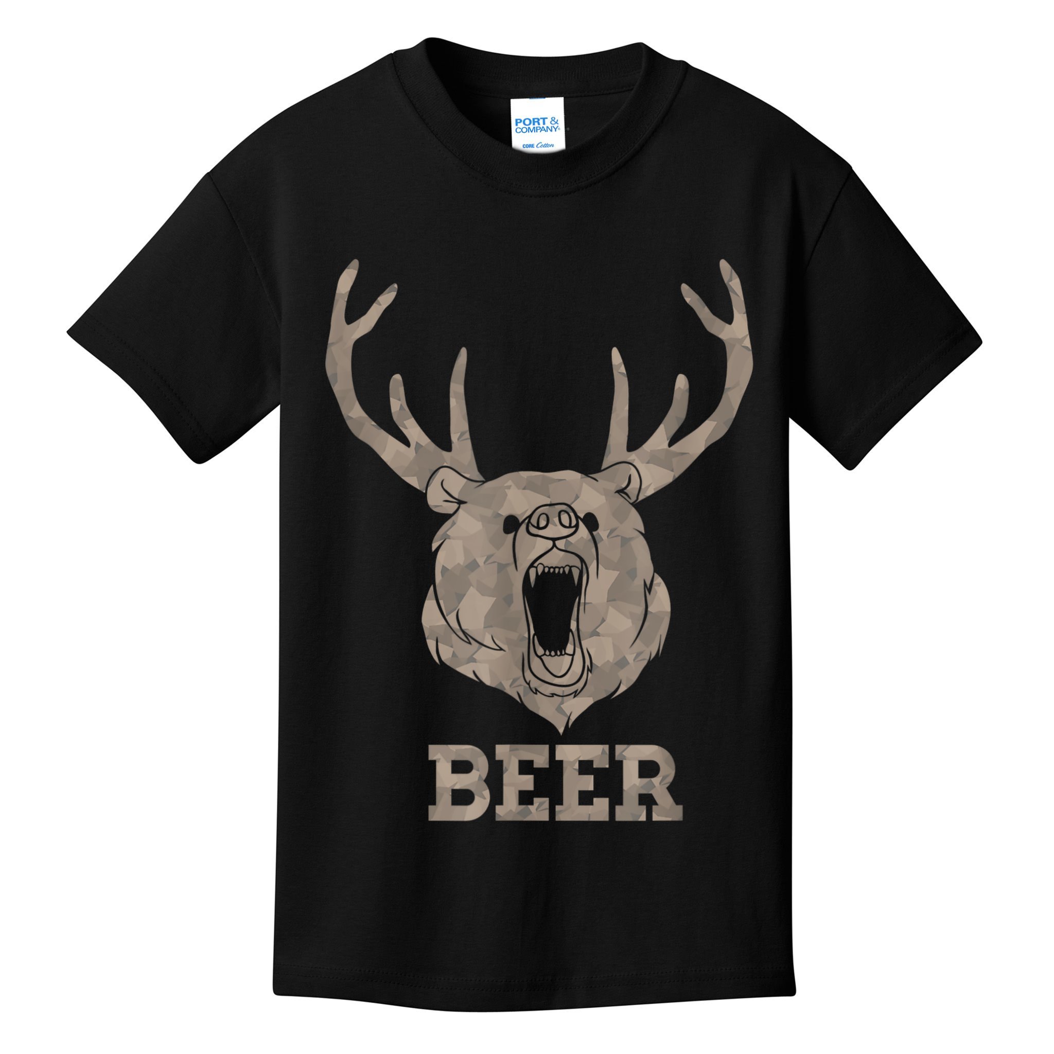 Bear Deer Beer Drinking Camo Antlers Hunting Camping Kids T-Shirt
