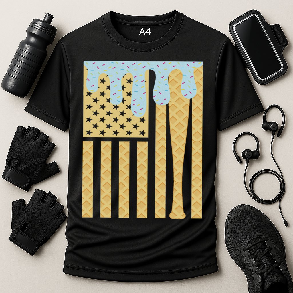 Baseball Drip Bat Dripping Ice Cream American Flag Cooling Performance Crew T-Shirt