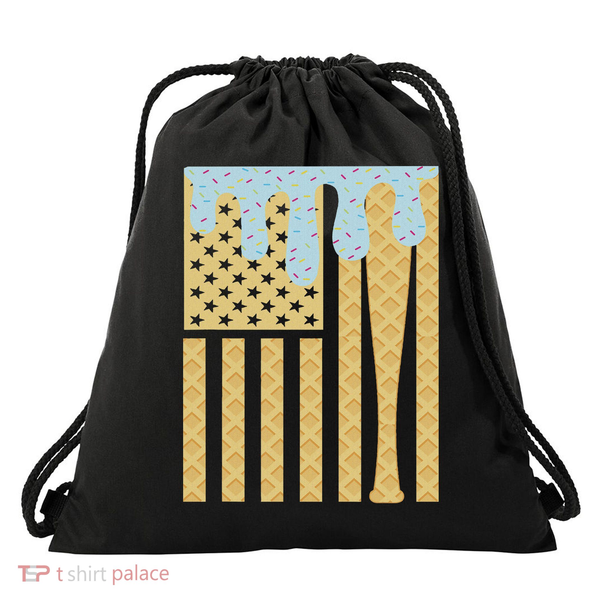 Baseball Drip Bat Dripping Ice Cream American Flag Drawstring Bag