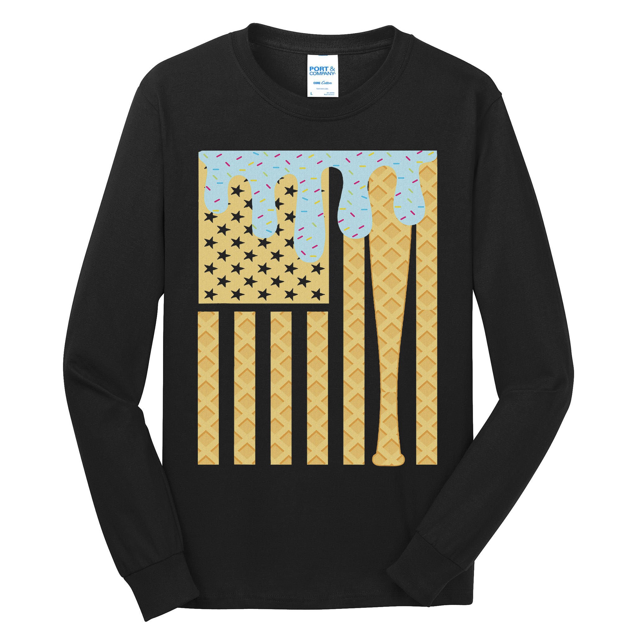 Baseball Drip Bat Dripping Ice Cream American Flag Tall Long Sleeve T-Shirt