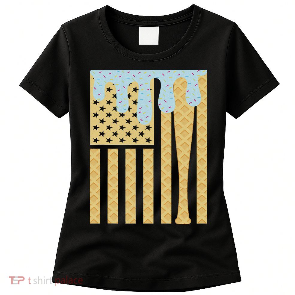 Baseball Drip Bat Dripping Ice Cream American Flag Womens T-Shirt