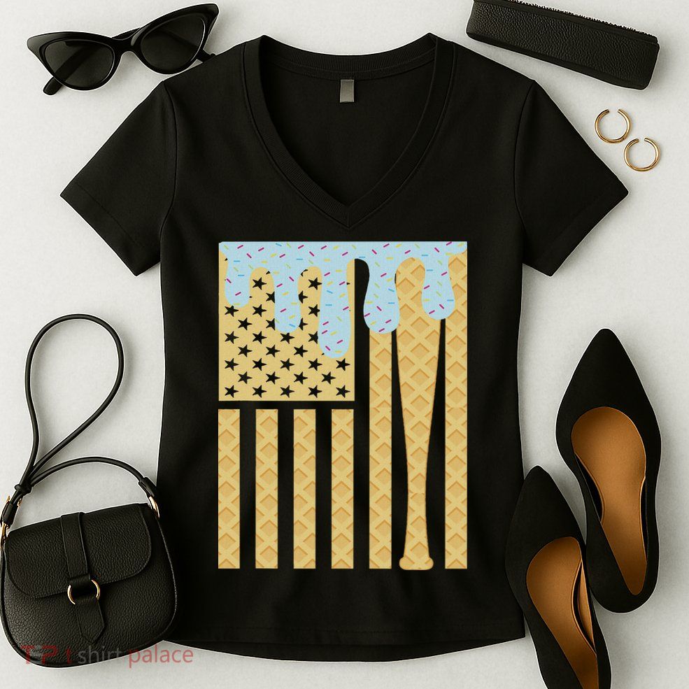 Baseball Drip Bat Dripping Ice Cream American Flag Women's V-Neck T-Shirt