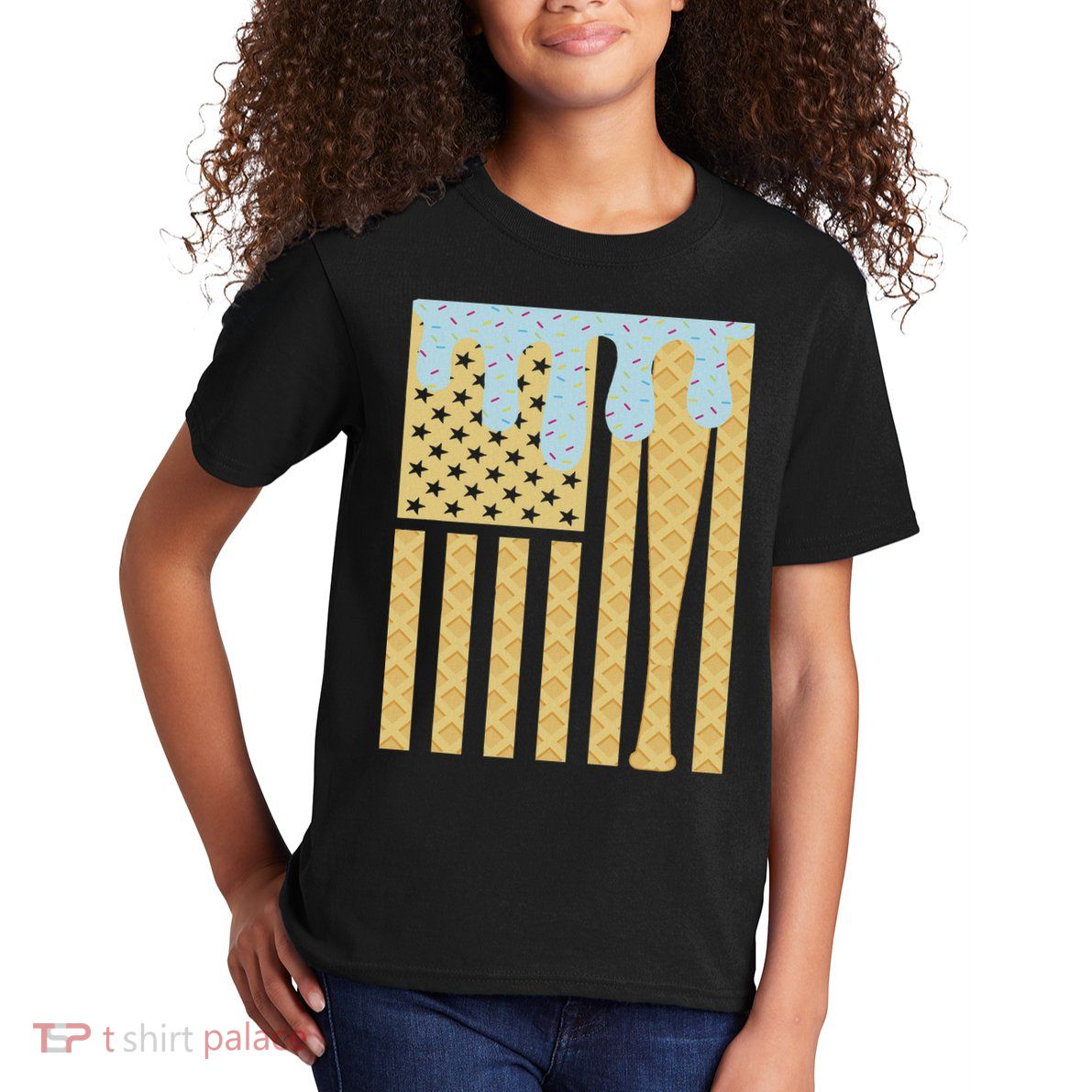 Baseball Drip Bat Dripping Ice Cream American Flag Kids T-Shirt