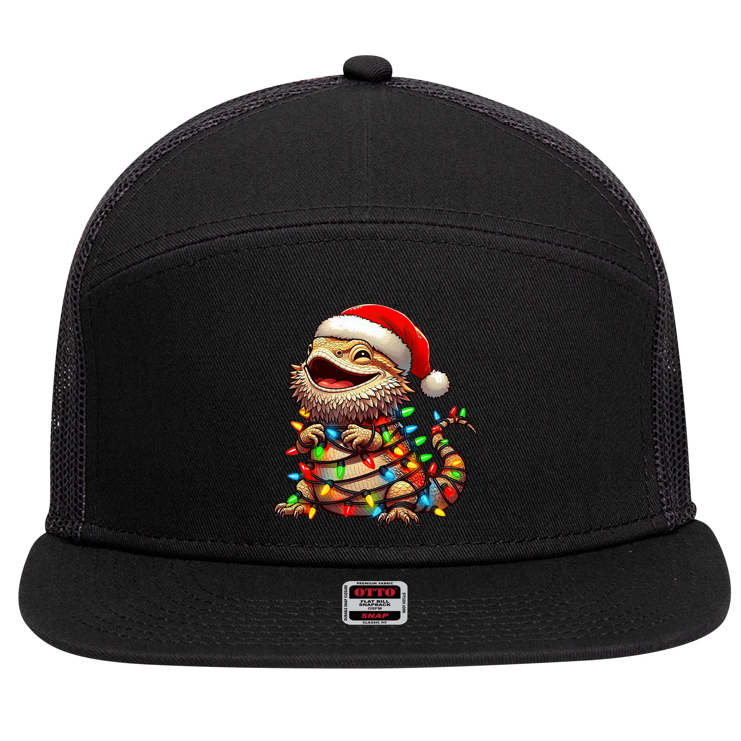 Bearded Dragon Christmas Lights Santa Hat 7 Panel Mesh Trucker Snapback Hat