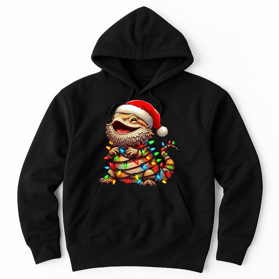 Bearded Dragon Christmas Lights Santa Hat Hoodie