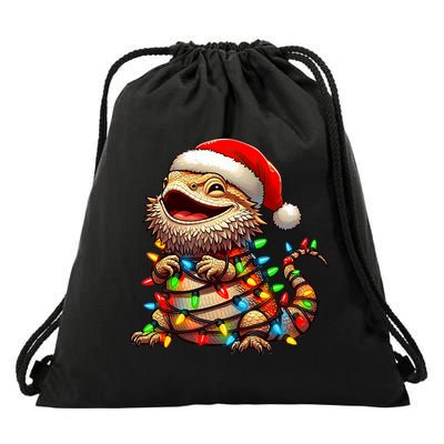 Bearded Dragon Christmas Lights Santa Hat Drawstring Bag