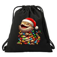 Bearded Dragon Christmas Lights Santa Hat Drawstring Bag