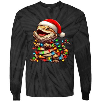 Bearded Dragon Christmas Lights Santa Hat Tie-Dye Long Sleeve Shirt