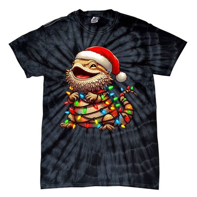 Bearded Dragon Christmas Lights Santa Hat Tie-Dye T-Shirt