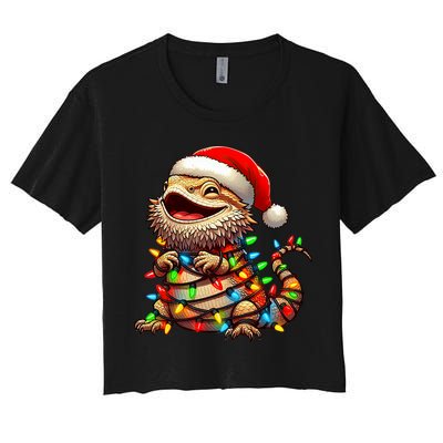 Bearded Dragon Christmas Lights Santa Hat Women's Crop Top Tee