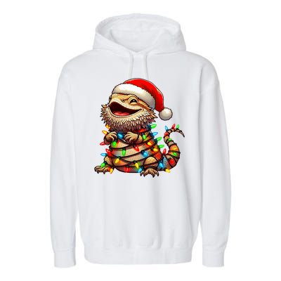 Bearded Dragon Christmas Lights Santa Hat Garment-Dyed Fleece Hoodie