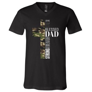 Blessed Dad Cross Fathers Day Christian Religious Men Camo V-Neck T-Shirt