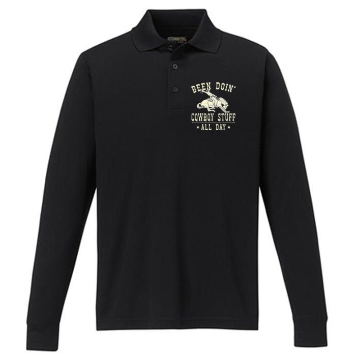 Been Doing Cowboy Stuff Funny Rodeo Cowboy Performance Long Sleeve Polo