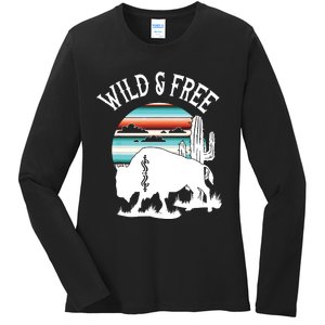 Bison Desert Cactus Serape Wild And Free Western Turquoise Ladies Long Sleeve Shirt