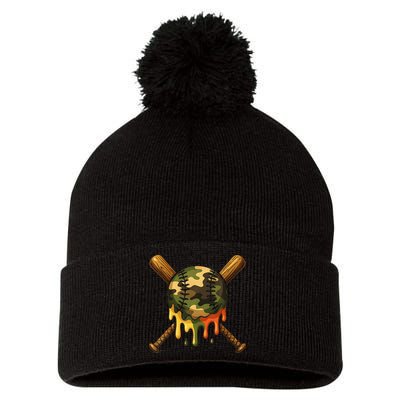 Baseball Drip Camo Baseball Ice Cream Dripping Game Day Pom Pom 12in Knit Beanie