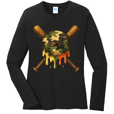 Baseball Drip Camo Baseball Ice Cream Dripping Game Day Ladies Long Sleeve Shirt
