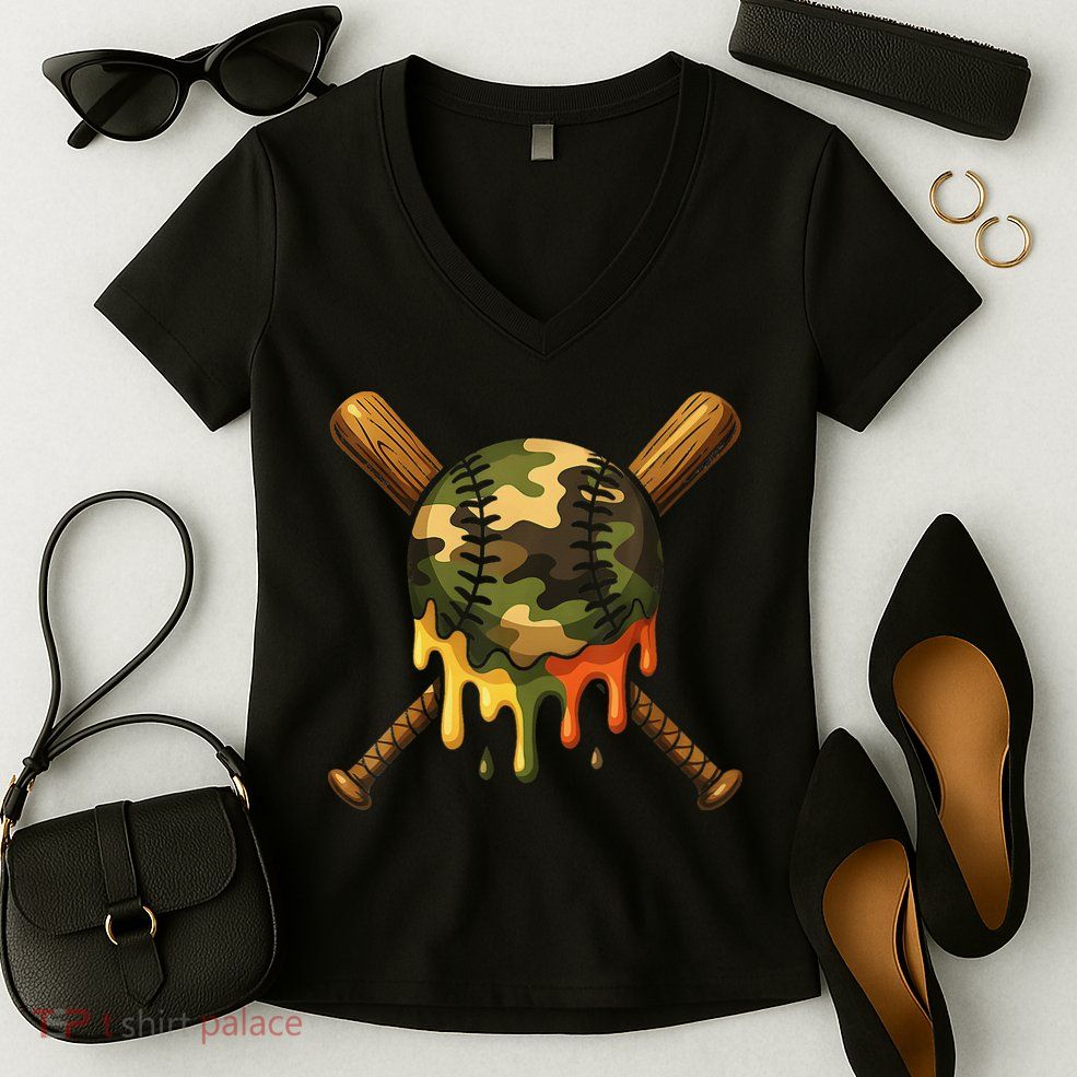 Baseball Drip Camo Baseball Ice Cream Dripping Game Day Women's V-Neck T-Shirt