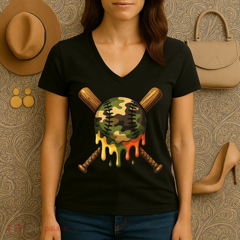 Baseball Drip Camo Baseball Ice Cream Dripping Game Day Women's V-Neck T-Shirt