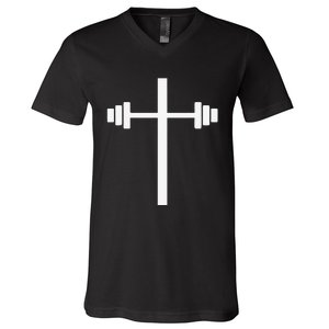 Barbell Dumbbell Cross Christian Jesus Gym Workout Lifting V-Neck T-Shirt