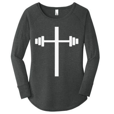 Barbell Dumbbell Cross Christian Jesus Gym Workout Lifting Women's Perfect Tri Tunic Long Sleeve Shirt