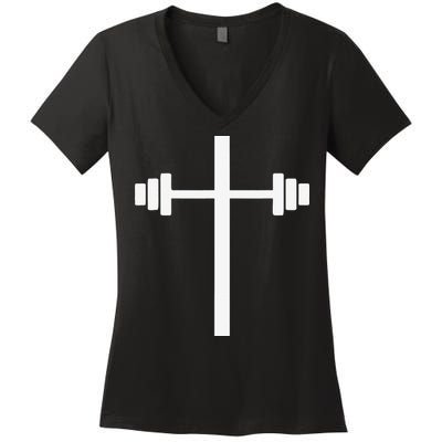 Barbell Dumbbell Cross Christian Jesus Gym Workout Lifting Women's V-Neck T-Shirt