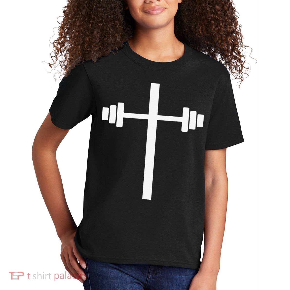 Barbell Dumbbell Cross Christian Jesus Gym Workout Lifting Kids T-Shirt