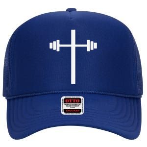 Barbell Dumbbell Cross Christian Jesus Gym Workout Lifting High Crown Mesh Back Trucker Hat