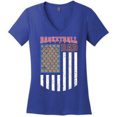 Basketball Dad Coach American Flag Sports Bball Player Daddy Gift Women's V-Neck T-Shirt