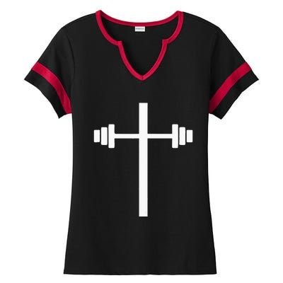 Barbell Dumbbell Cross Christian Jesus Gym Workout Lifting Ladies Halftime Notch Neck Tee