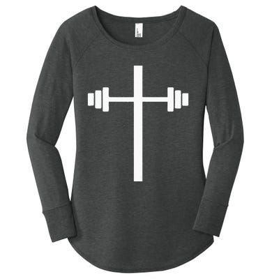 Barbell Dumbbell Cross Christian Jesus Gym Workout Lifting Women's Perfect Tri Tunic Long Sleeve Shirt