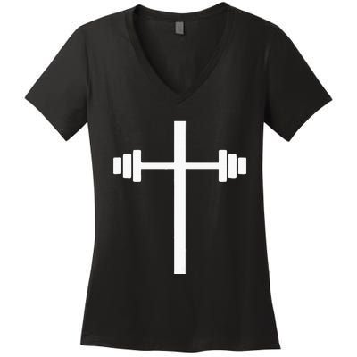 Barbell Dumbbell Cross Christian Jesus Gym Workout Lifting Women's V-Neck T-Shirt