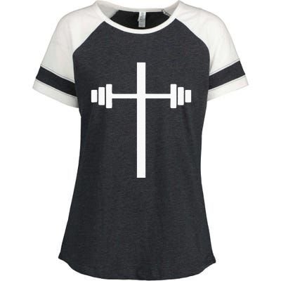 Barbell Dumbbell Cross Christian Jesus Gym Workout Lifting Enza Ladies Jersey Colorblock Tee