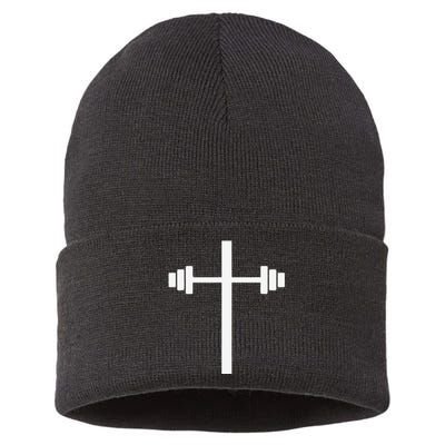 Barbell Dumbbell Cross Christian Jesus Gym Workout Lifting Sustainable Knit Beanie