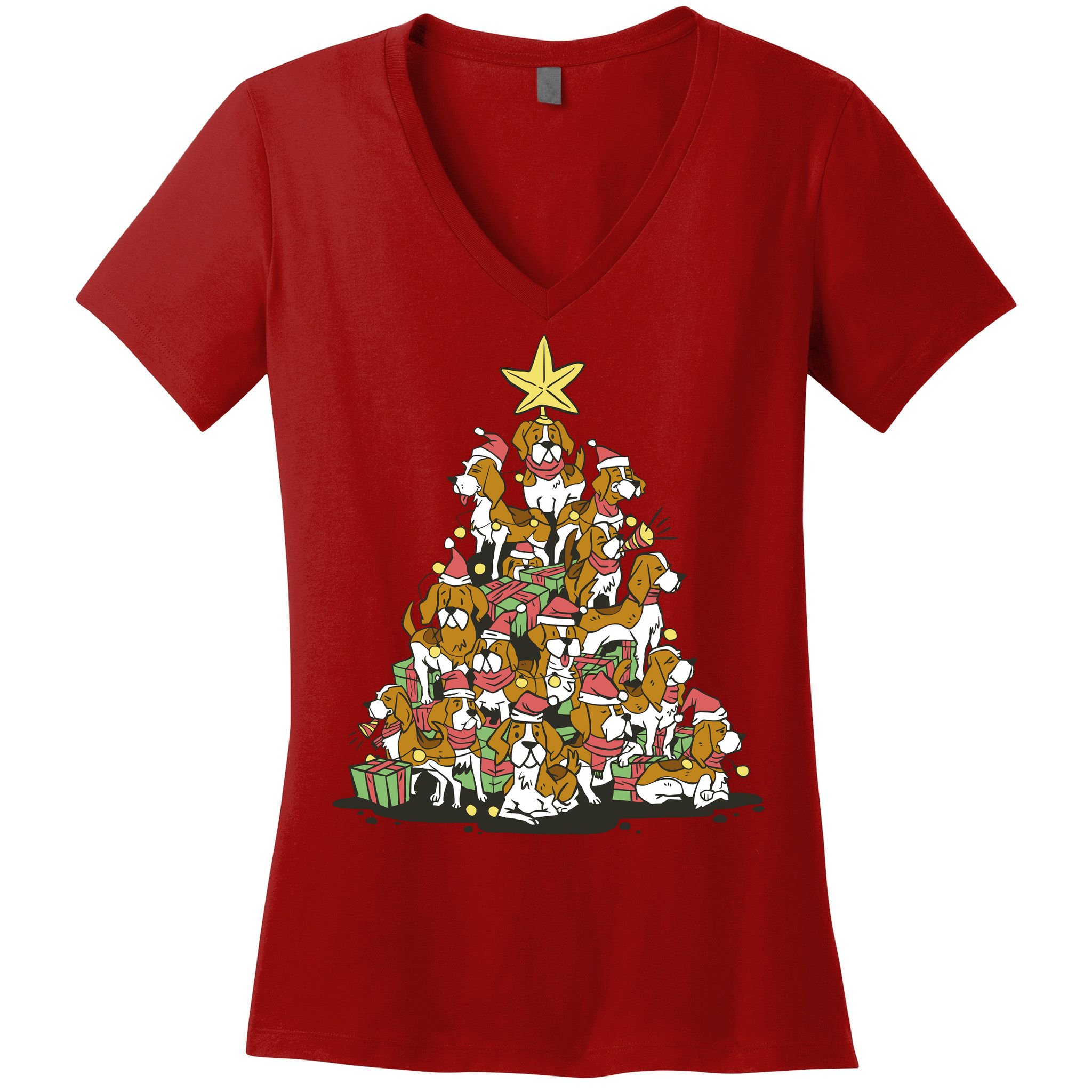 Beagle Dogs Christmas Tree Women's V-Neck T-Shirt