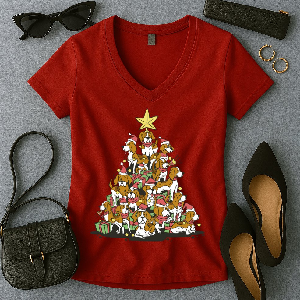 Beagle Dogs Christmas Tree Women's V-Neck T-Shirt