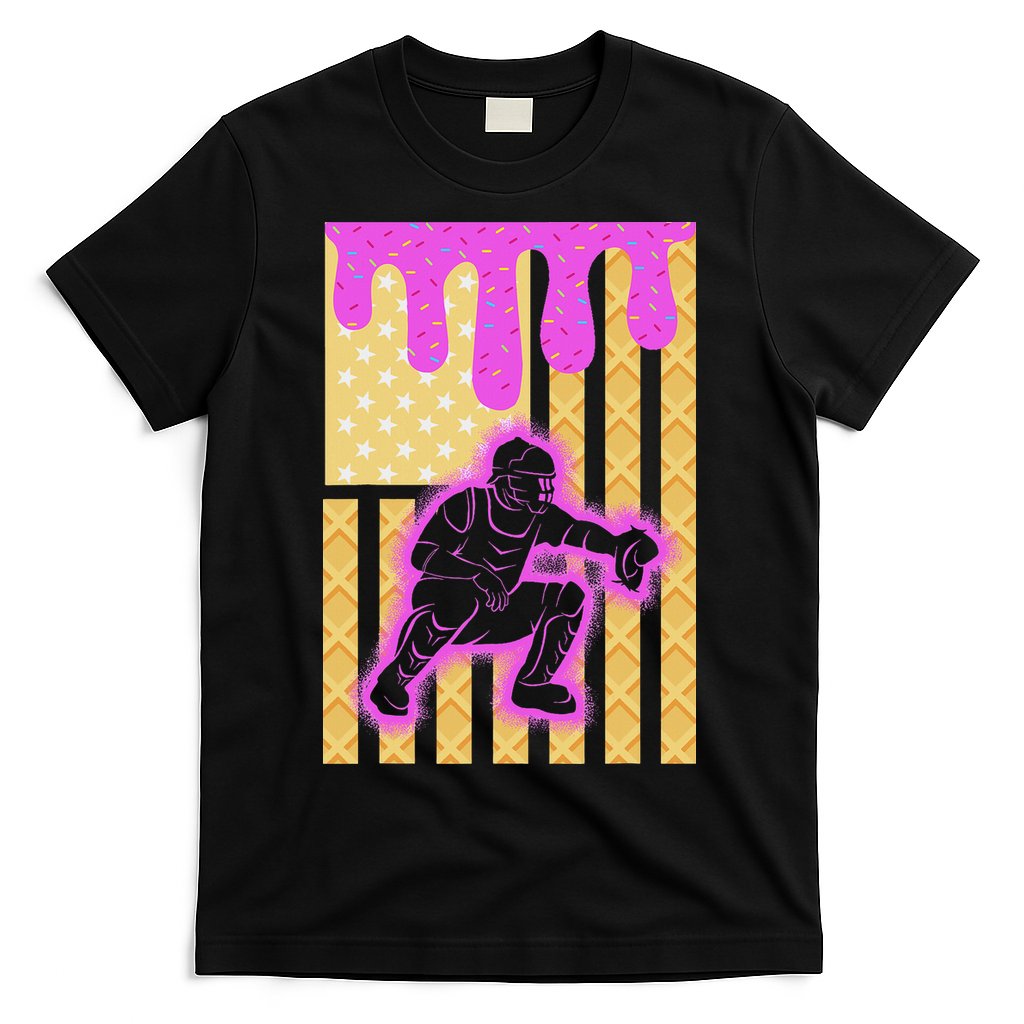 Baseball Drip Dripping Ice Cream Baseball American Flag T-Shirt