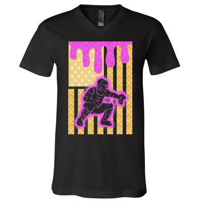 Baseball Drip Dripping Ice Cream Baseball American Flag V-Neck T-Shirt