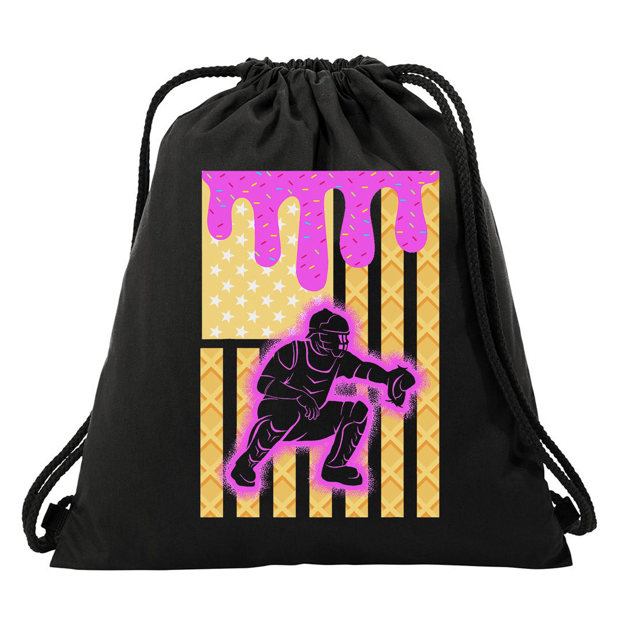 Baseball Drip Dripping Ice Cream Baseball American Flag Drawstring Bag