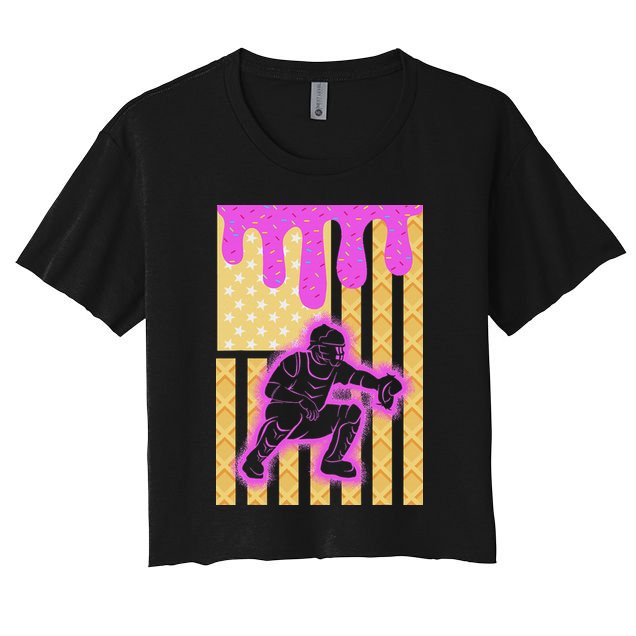 Baseball Drip Dripping Ice Cream Baseball American Flag Crop Top