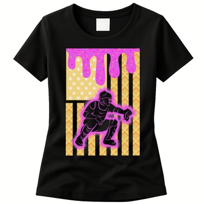 Baseball Drip Dripping Ice Cream Baseball American Flag Womens T-Shirt