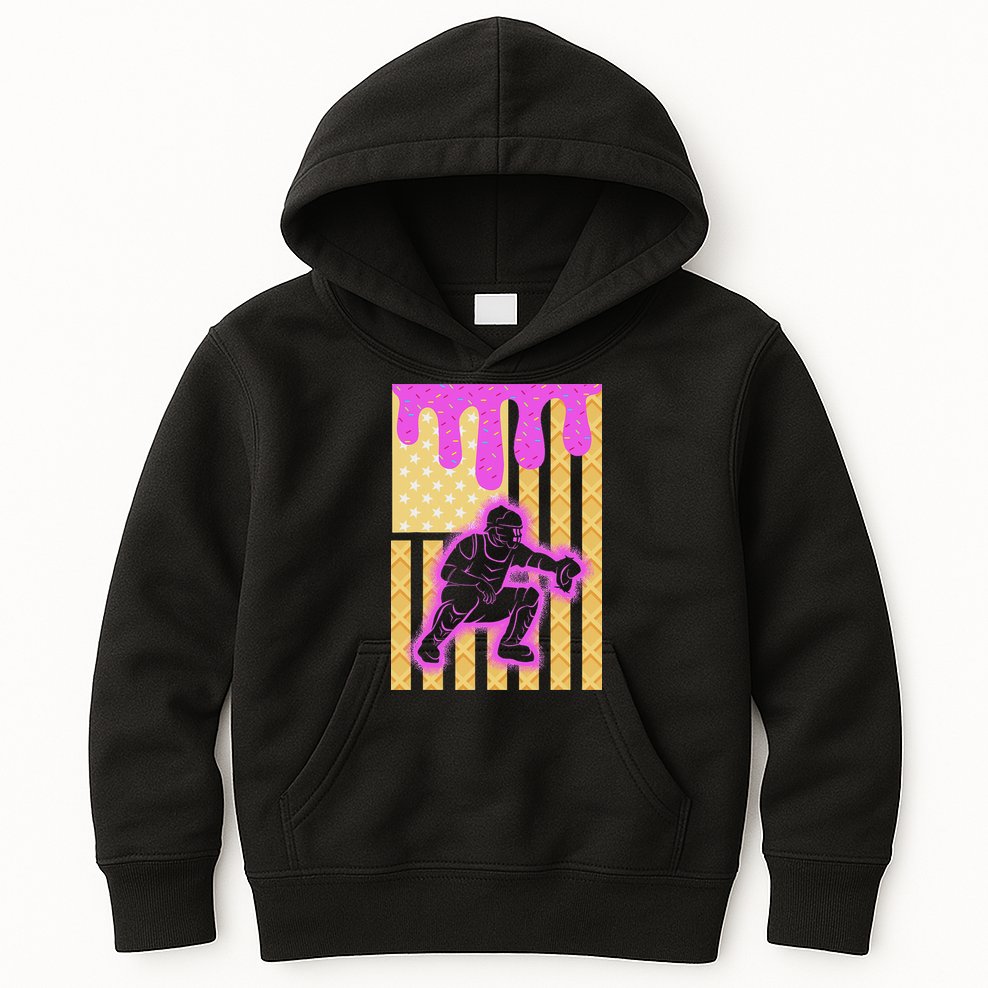Baseball Drip Dripping Ice Cream Baseball American Flag Kids Hoodie