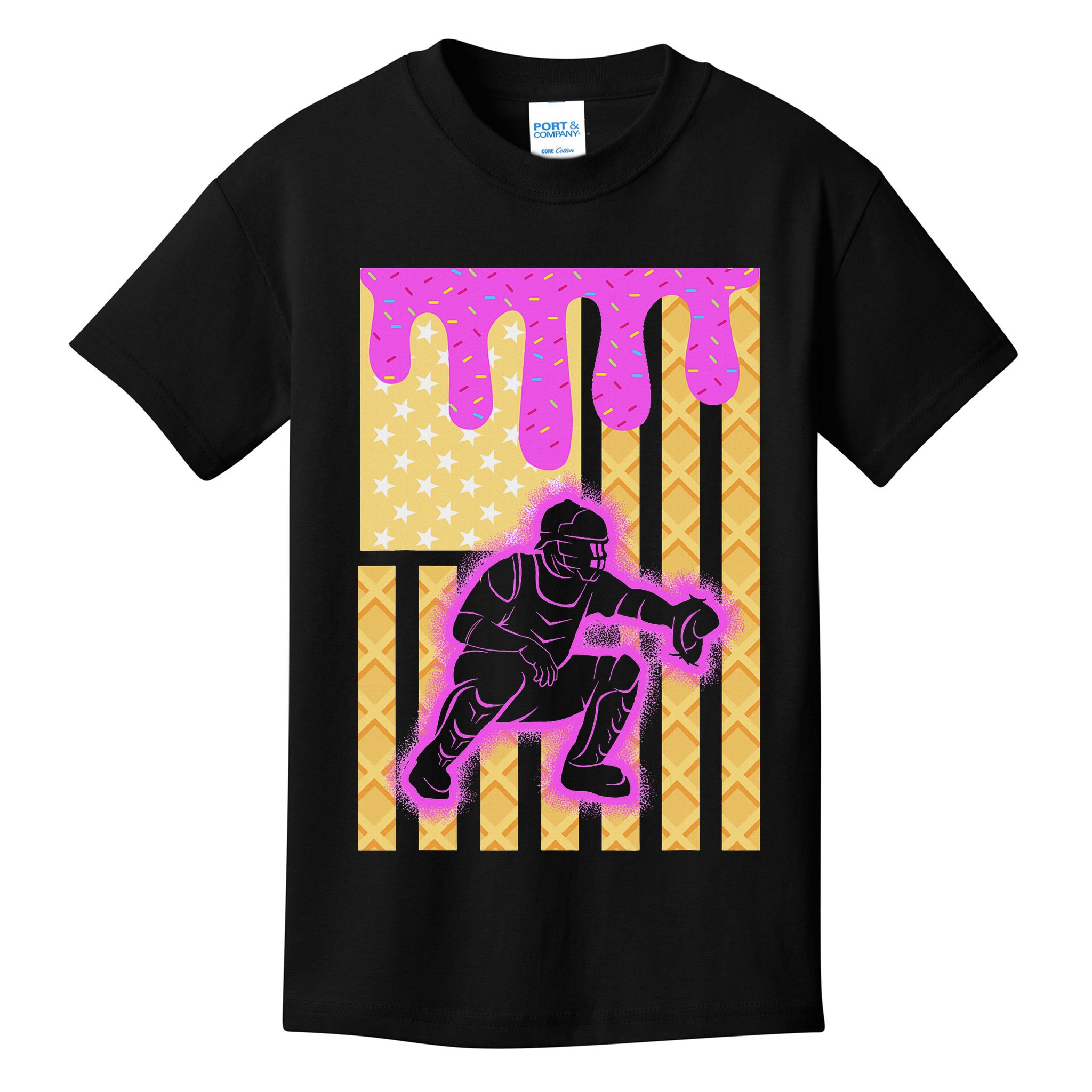 Baseball Drip Dripping Ice Cream Baseball American Flag Kids T-Shirt