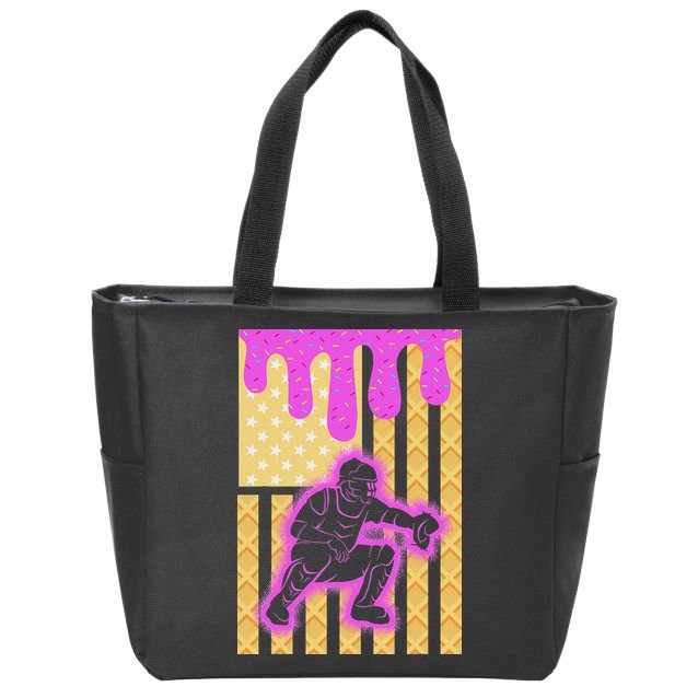 Baseball Drip Dripping Ice Cream Baseball American Flag Zip Tote Bag