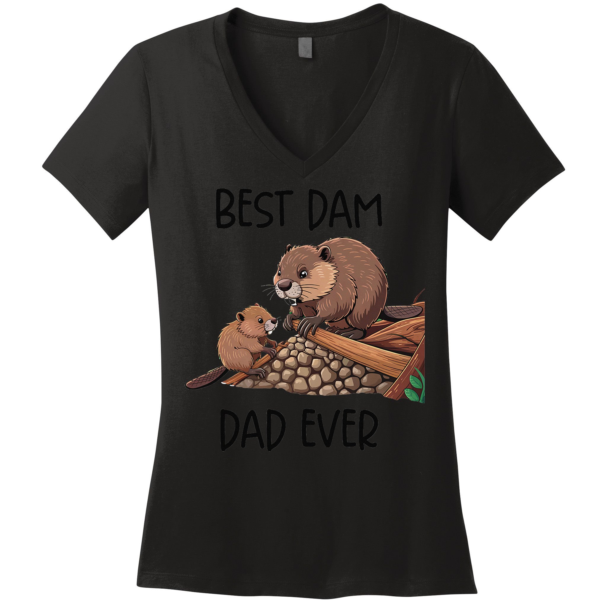 Best Dam Dad Funny Beaver Fathers Day Animal Pun Design Women's V-Neck T-Shirt